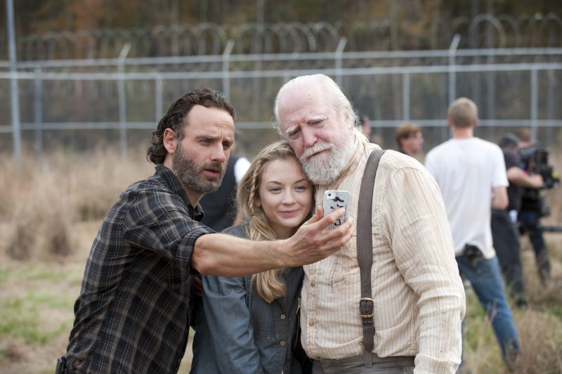 Andrew Lincoln, Emily Kinney and Scott Wilson - The Walking Dead _ BTS - Season 4, Episode 16 - Photo Credit: Gene Page/AMC
