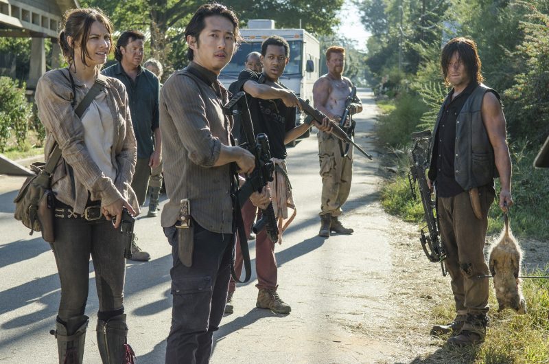 Lauren Cohan as Maggie Greene, Josh McDermitt as Dr. Eugene Porter, Steven Yeun as Glenn Rhee, Tyler James Williams as Noah, Michael Cudlitz as Abraham and Norman Reedus as Daryl Dixon - The Walking Dead _ Season 5, Episode 12 - Photo Credit: Gene Page/AMC