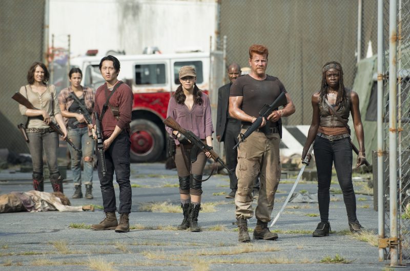 Lauren Cohan as Maggie Greene, Alanna Masterson as Tara Chambler, Steven Yeun as Glenn Rhee, Christian Serratos as Rosita Espinosa, Seth Gilliam as Father Gabriel, Michael Cudlitz as Abraham and Danai Gurira as Michonne - The Walking Dead _ Season 5, Episode 8 - Photo Credit: Gene Page/AMC