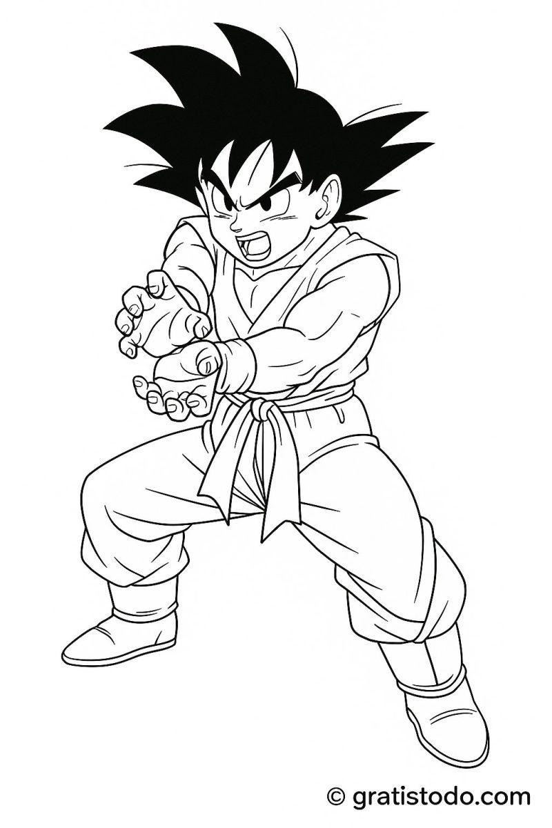 Goku adulto lanzando el Kame Hame Ha, imagen en blanco y negro para colorear