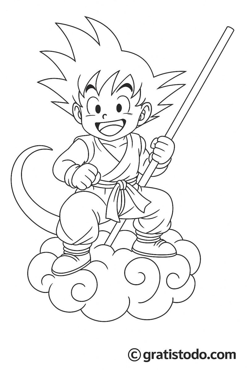 Dibujo para colorear de Goku niño en la nube voladora con su bastón mágico