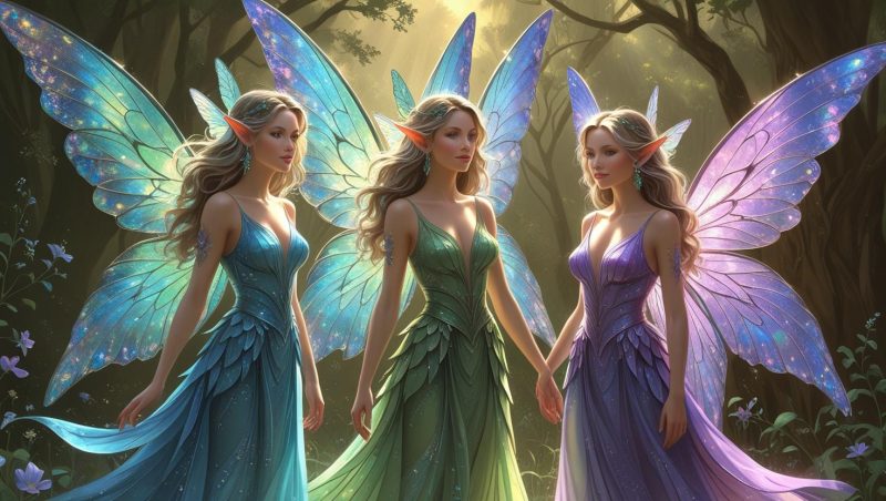 Hadas Hermosas con alas en el bosque