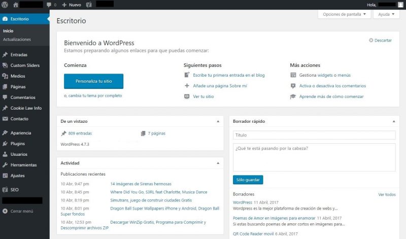 Panel principal de WordPress, al que se conoce como Escritorio