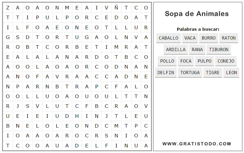Sopa De Letras De Caballos Sopa de Letras de Animales para Imprimir