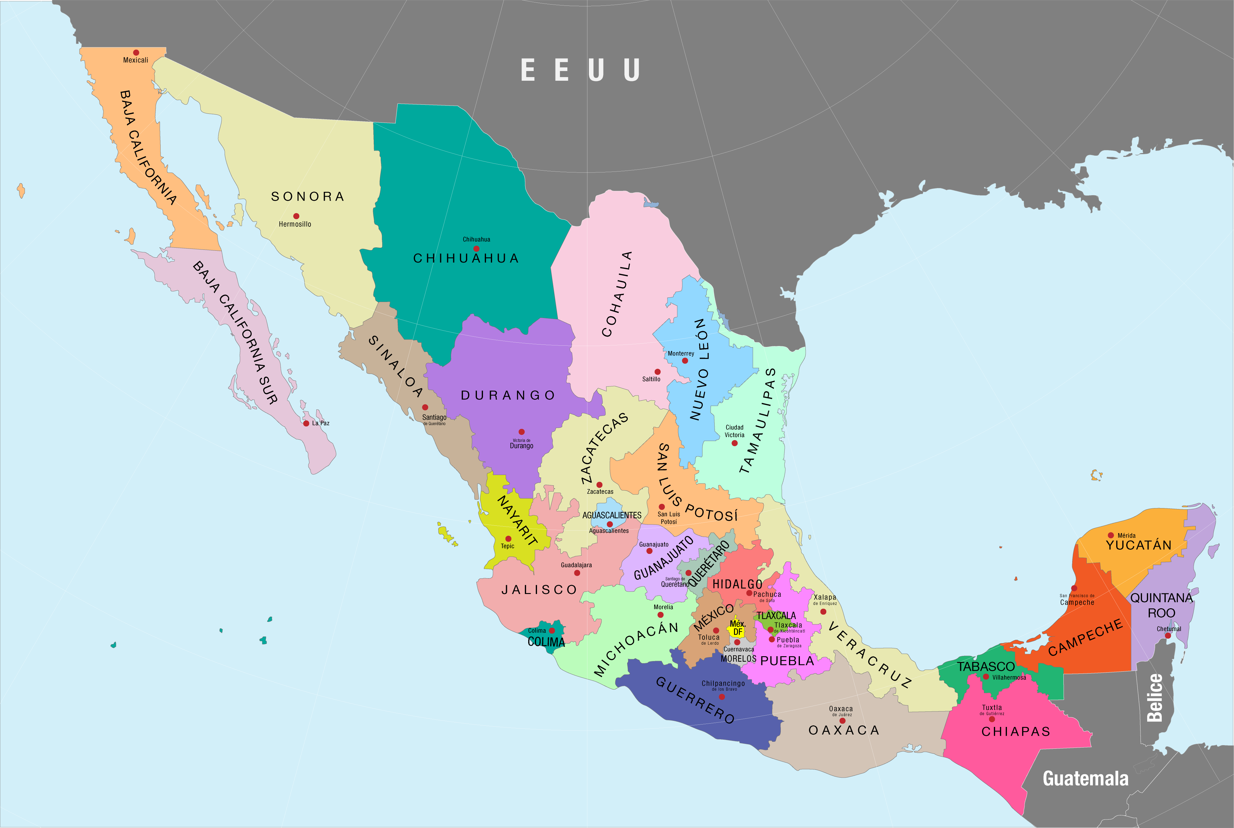 Mapa de México con nombres y capitales para descargar Gratis