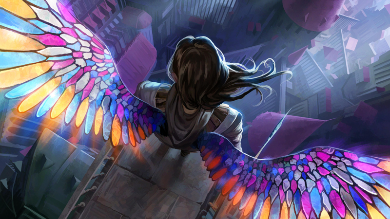 Ángel femenina con impresionantes alas de colores