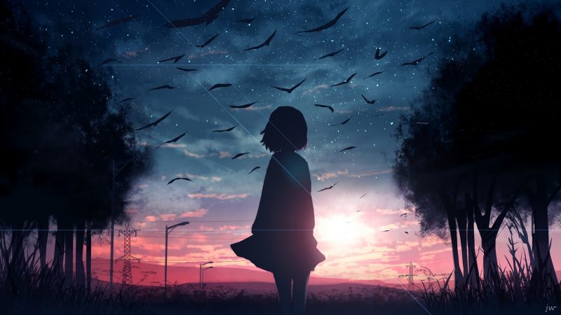 Amanecer anime chica silueta paisaje fondo de pantalla