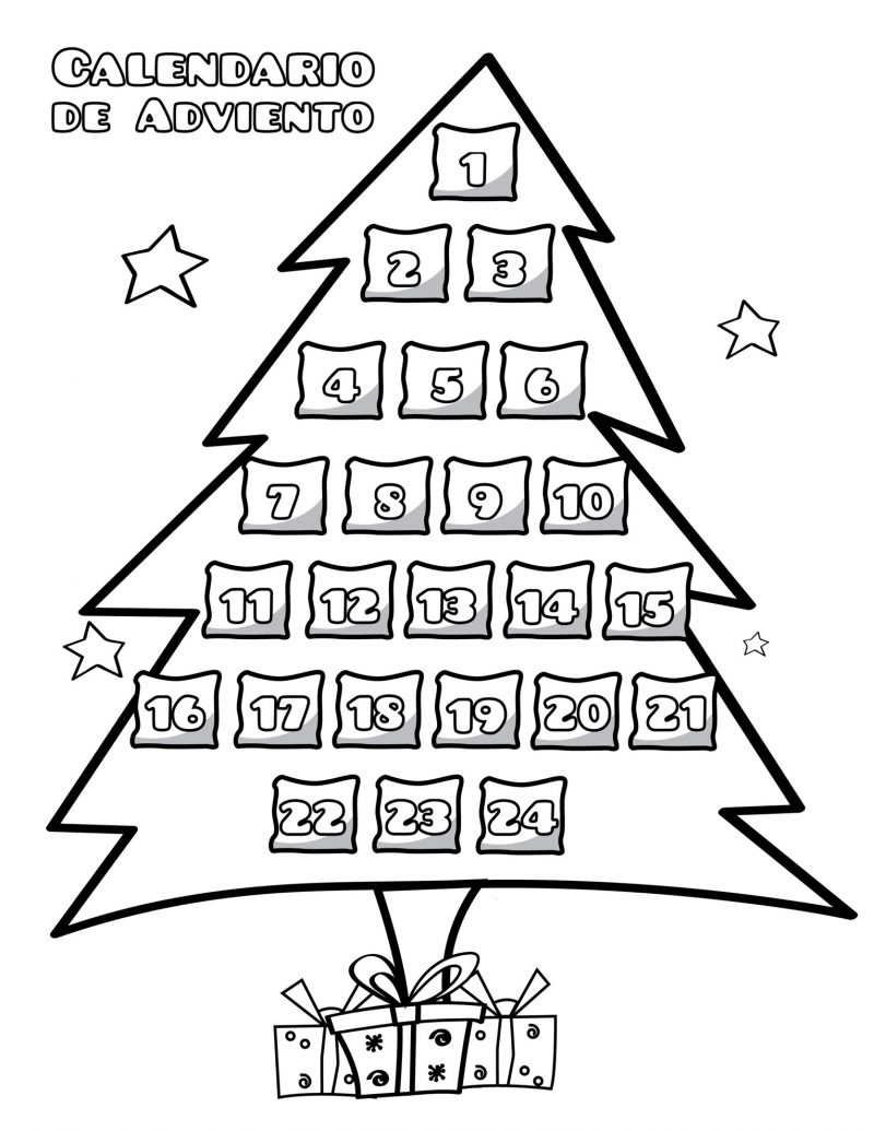 calendarios de adviento para colorear en forma de árbol de navidad