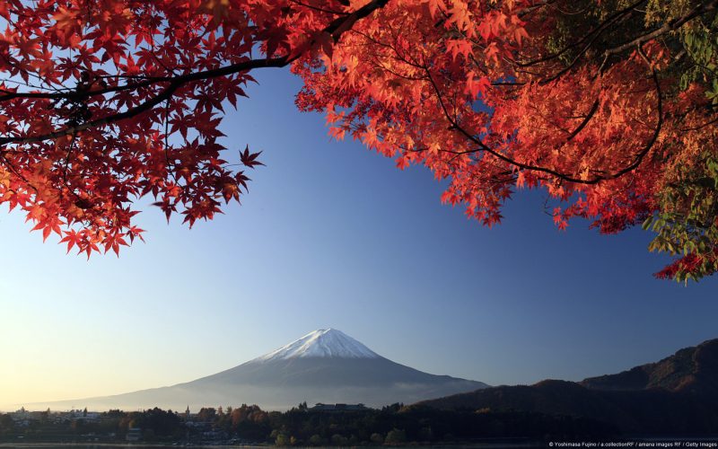 Hojas de arce y monte Fuji Japón