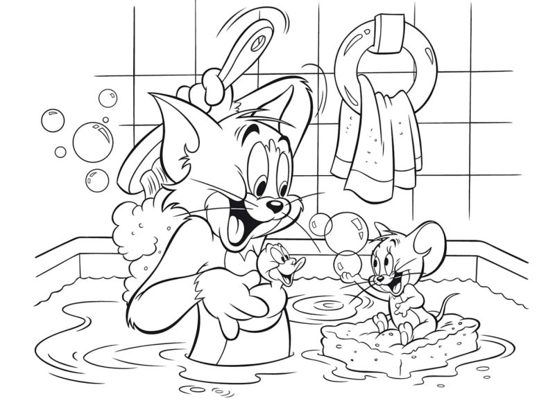 Tom y Jerry bañándose para pintar