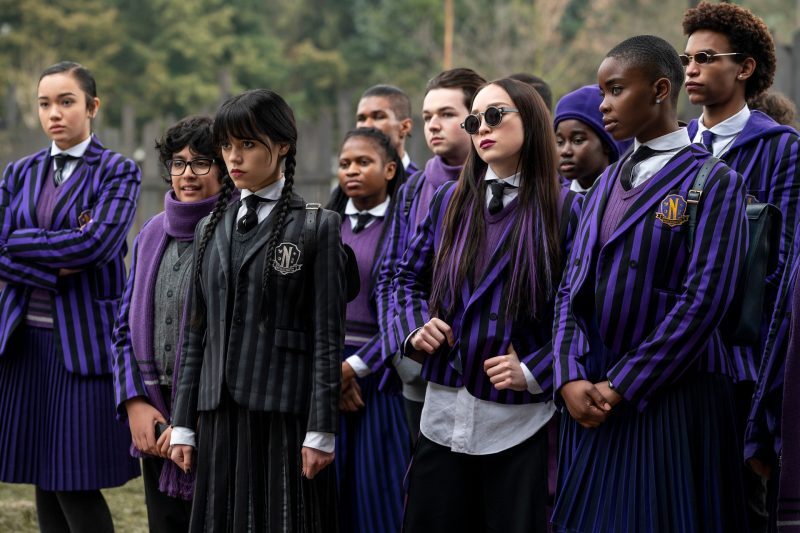 Wednesday. (L to R) Moosa Mostafa as Eugene Otinger, Jenna Ortega as Wednesday Addams, Naomi j Ogawa as Yoko Tanaka, Joy Sunday as Bianca Barclay in episode 103 of Wednesday. Cr.  2022