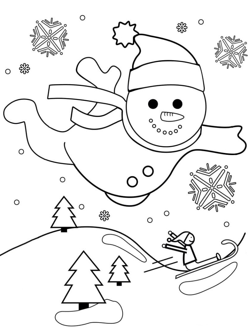 dibujo muñeco de nieve en paisaje de navidad para colorear