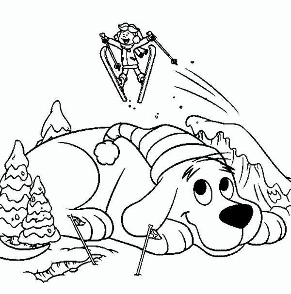 dibujo niña esquiando con su perro para colorear