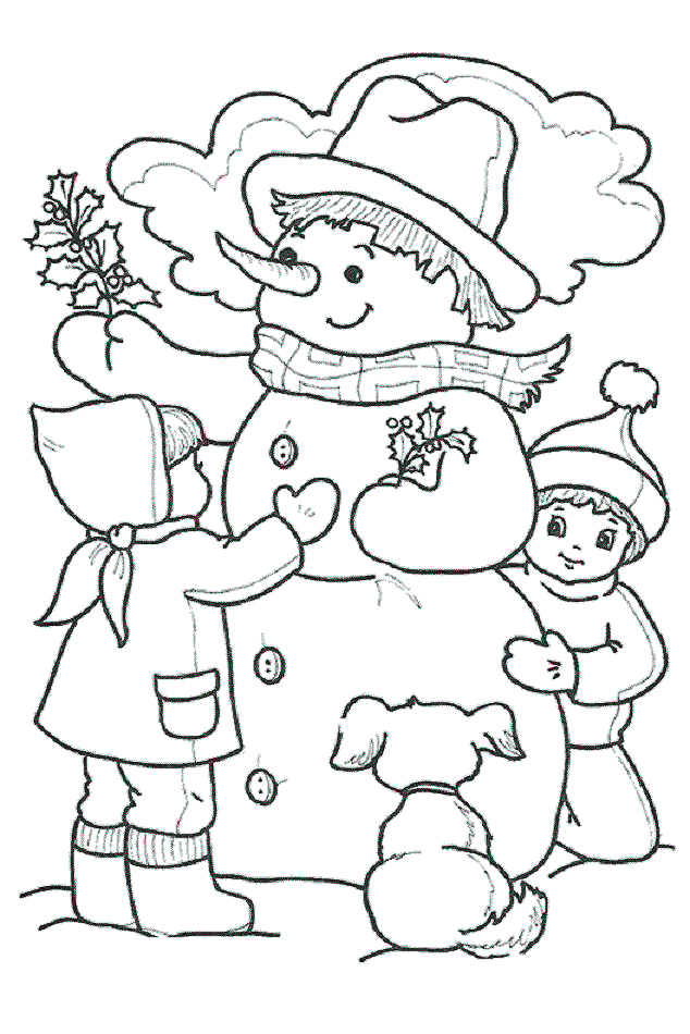 dibujo niños con muñeco de nieve para colorear