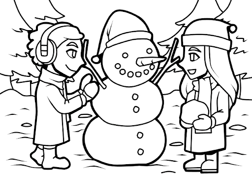 dibujo niños con muñeco de nieve para colorear