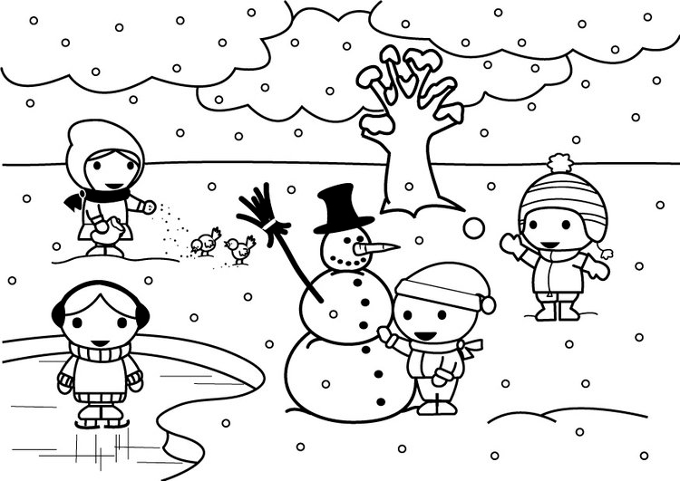 dibujo niños en la nieve para colorear