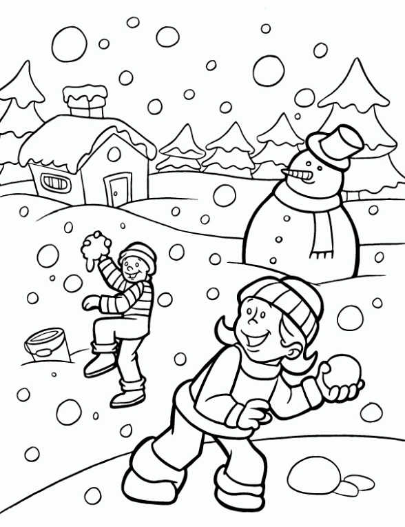 dibujos niños jugando en la nieve para colorear