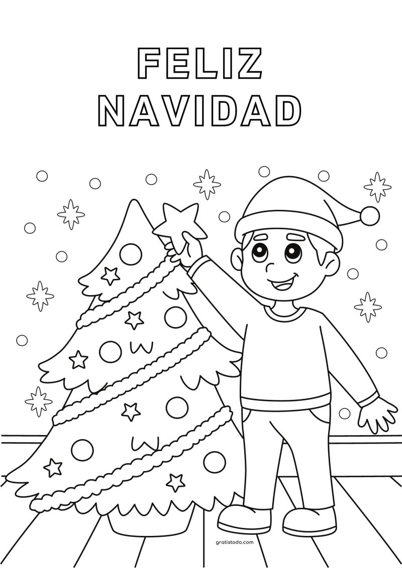 niño decorando árbol feliz navidad dibujos para colorear