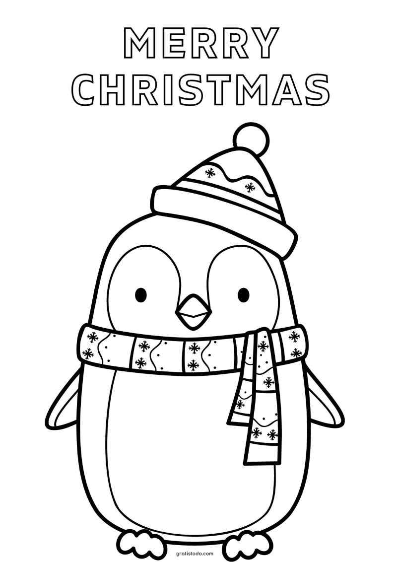 pingüino con gorro merry christmas dibujos para colorear