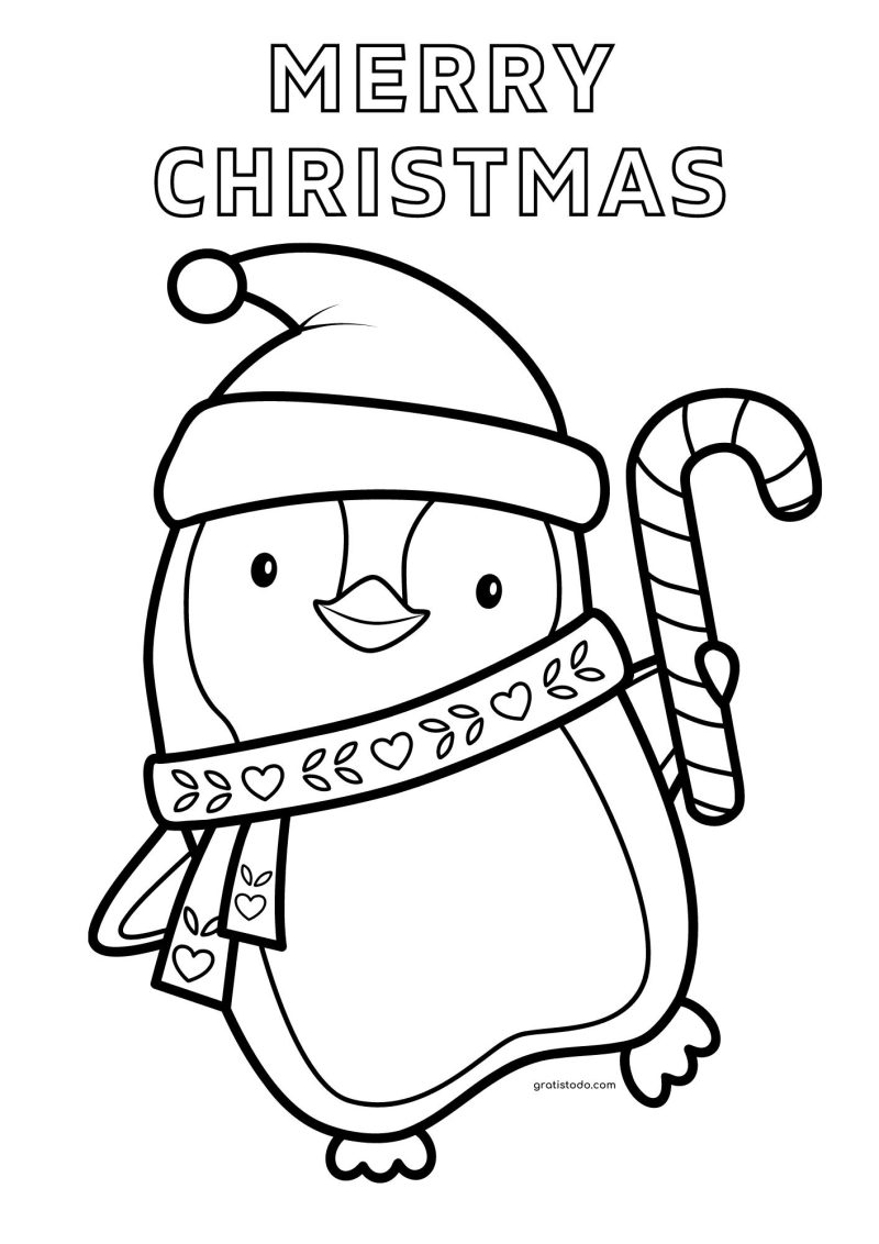 pingüino con bufanda merry christmas dibujos para colorear