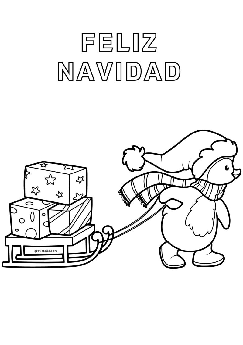 pingüino con trineo feliz navidad dibujos para colorear