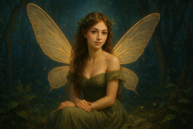 Hada mágica sentada en un bosque encantado con alas doradas brillantes y vestido verde