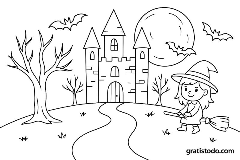 Bruja delante de un castillo en la noche, bajo la Luna y con murcielagos volando.