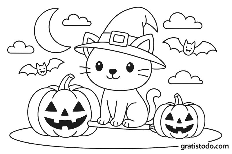 Dibujo para colorear de gato con calabazas para Halloween